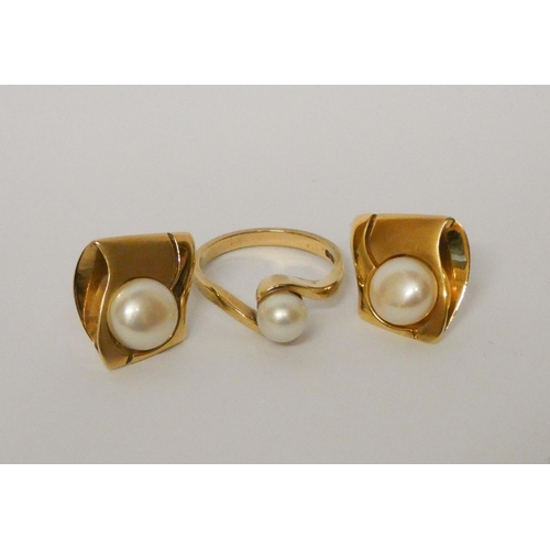 427 - Mikimoto cultured pearl earrings set in 14ct gold, and a 9ct gold cultured pearl dress ring, size N