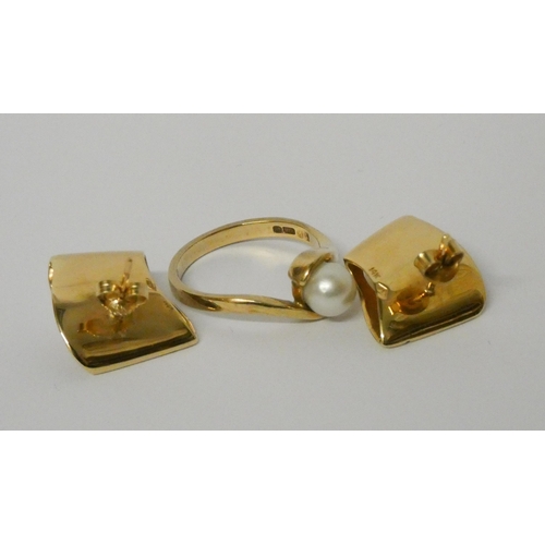 427 - Mikimoto cultured pearl earrings set in 14ct gold, and a 9ct gold cultured pearl dress ring, size N