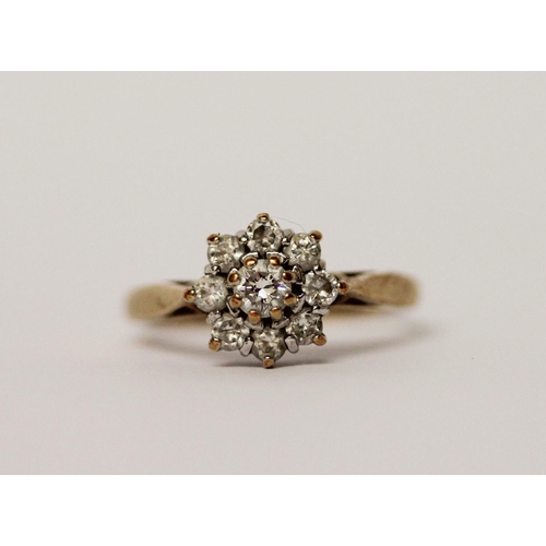 443 - 9ct gold diamond daisy cluster ring, hallmarked, ring size H