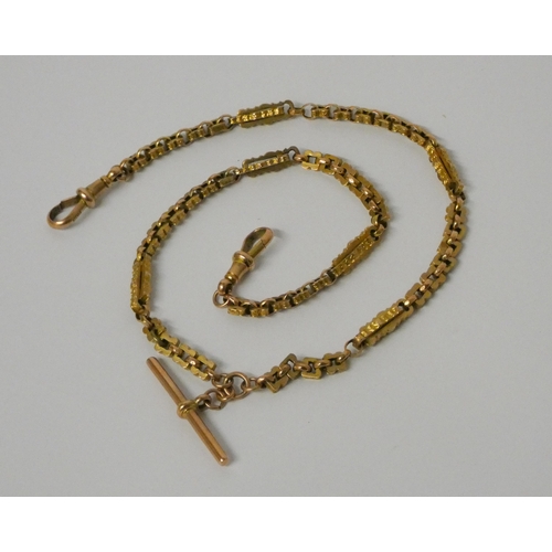 449 - 19th century fancy link 9ct gold watch chain, with T bar. Length 38 cms, weight 12.6g