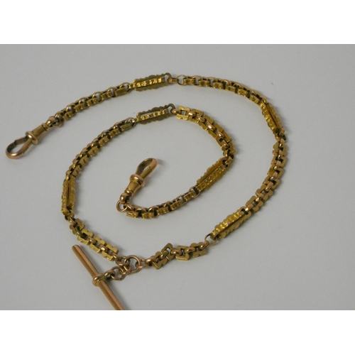 449 - 19th century fancy link 9ct gold watch chain, with T bar. Length 38 cms, weight 12.6g