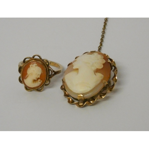 466 - 9ct gold framed cameo brooch together with matching cameo dress ring, brooch 3cms long. Ring size L ... 