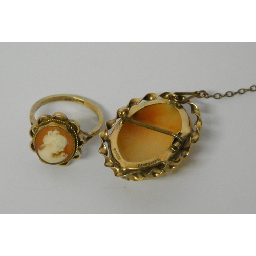 466 - 9ct gold framed cameo brooch together with matching cameo dress ring, brooch 3cms long. Ring size L ... 