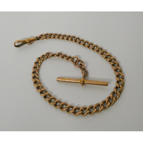 351 - Victorian 9ct rose gold graduated watch albert chain, with T bar, marked every link. Weight 19.7g.