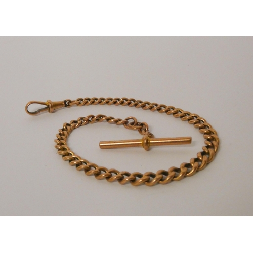 351 - Victorian 9ct rose gold graduated watch albert chain, with T bar, marked every link. Weight 19.7g.