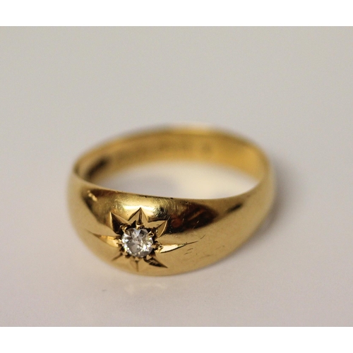 357 - Late Victorian 18ct gold gypsy ring set with a single diamond, Hallmarked Chester 1901. Ring size S,... 