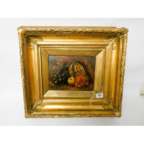 133 - An oil on board still life painting of fruit after William Hunt in a gilt frame, image size 7