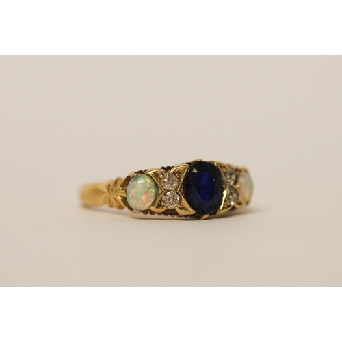 392 - An antique opal, diamond and sapphire ring, on hallmarked 18ct gold band, ring size K, weight 3.4g