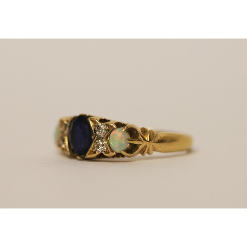 392 - An antique opal, diamond and sapphire ring, on hallmarked 18ct gold band, ring size K, weight 3.4g