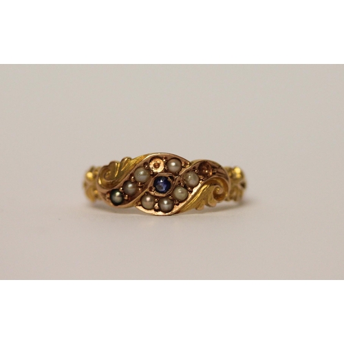 394 - Antique 15ct gold sapphire and pearl ring, hallmarked, with engraving to band JS*KS, ring size K, we... 