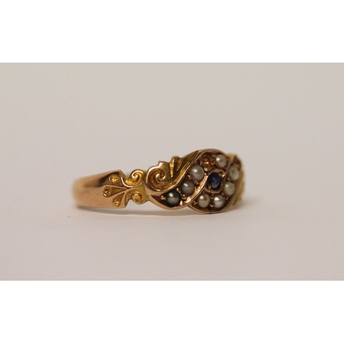 394 - Antique 15ct gold sapphire and pearl ring, hallmarked, with engraving to band JS*KS, ring size K, we... 