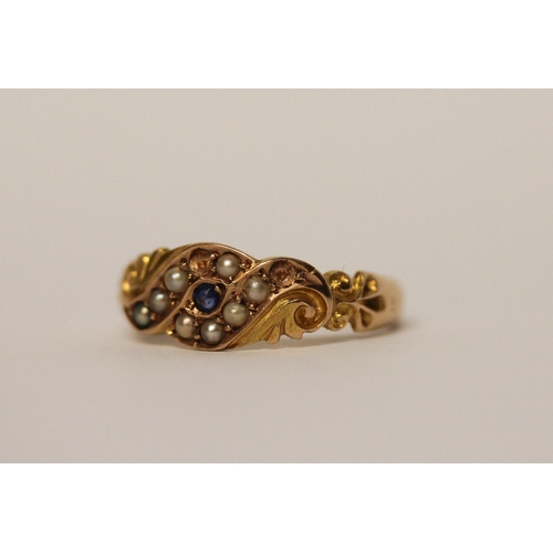 394 - Antique 15ct gold sapphire and pearl ring, hallmarked, with engraving to band JS*KS, ring size K, we... 