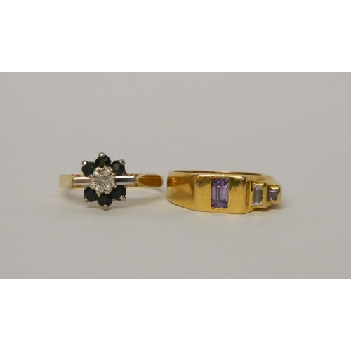 397 - 18ct yellow gold modern amethyst and diamond dress ring, and a sapphire and diamond cluster ring on ... 