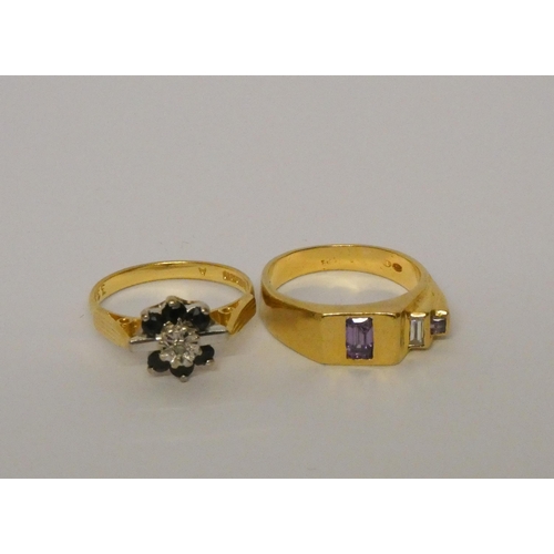 397 - 18ct yellow gold modern amethyst and diamond dress ring, and a sapphire and diamond cluster ring on ... 