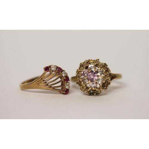 399 - 9ct gold amethyst cluster ring and a 9ct gold ruby and diamond ring, size O/P. gross weight 6.4 g