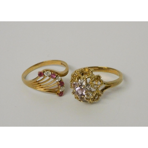 399 - 9ct gold amethyst cluster ring and a 9ct gold ruby and diamond ring, size O/P. gross weight 6.4 g