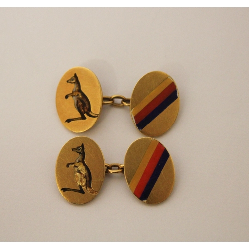 413 - Cricketing interest - pair of 18ct gold and enamel commemorative cufflinks by Mappin & Webb, decorat... 