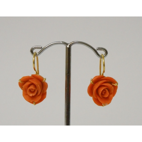 417 - A pair of carved coral rose drop earrings, on 18ct yellow gold wire fittings. 28mm drop.