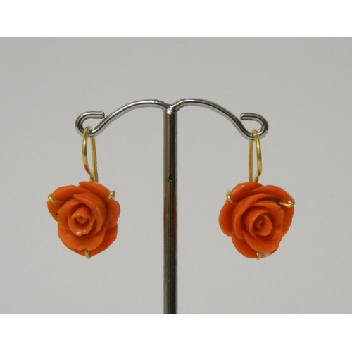 417 - A pair of carved coral rose drop earrings, on 18ct yellow gold wire fittings. 28mm drop.