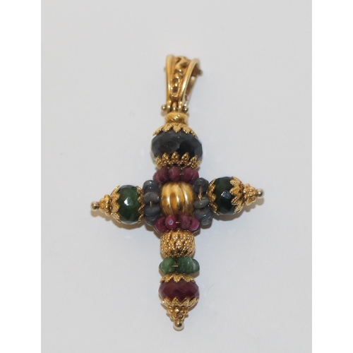 419 - Sun Day Jewellery Italy - 18ct gold cross pendant set with faceted ruby, emerald and sapphire beads,... 