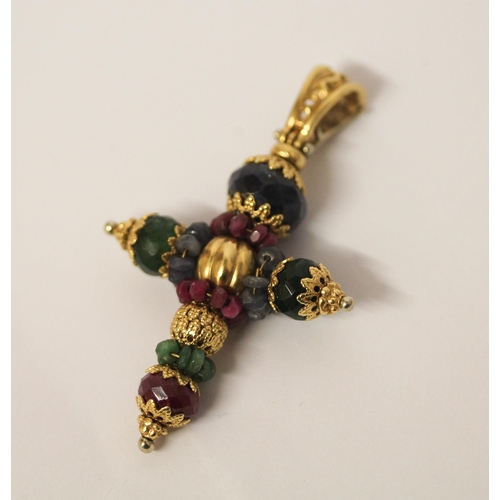 419 - Sun Day Jewellery Italy - 18ct gold cross pendant set with faceted ruby, emerald and sapphire beads,... 