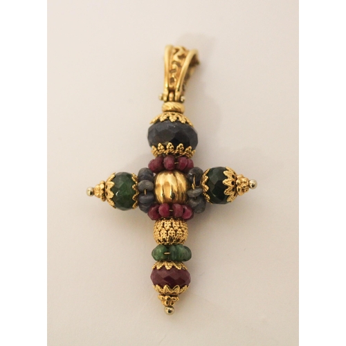 419 - Sun Day Jewellery Italy - 18ct gold cross pendant set with faceted ruby, emerald and sapphire beads,... 