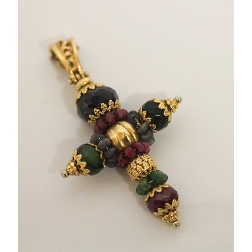 419 - Sun Day Jewellery Italy - 18ct gold cross pendant set with faceted ruby, emerald and sapphire beads,... 