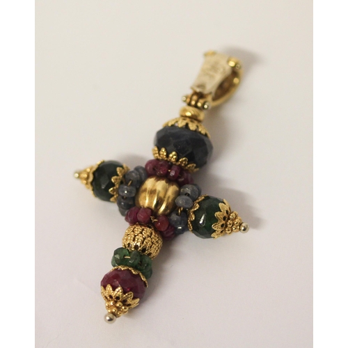 419 - Sun Day Jewellery Italy - 18ct gold cross pendant set with faceted ruby, emerald and sapphire beads,... 