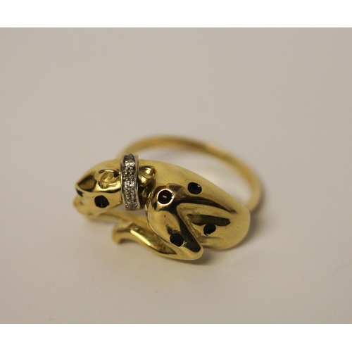 438 - A Panther design dress ring, in 18ct yellow gold, pave set with sapphires and diamonds, hallmarked, ... 