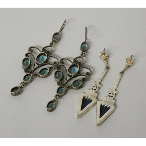 460 - A pair of silver Art Deco design marcasite and lapis drop earrings and a pair of vintage silver fili... 