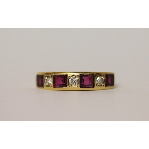 468 - 18ct gold ruby and diamond seven stone half hoop eternity ring, hallmarked, ring size N, weight 4.3g