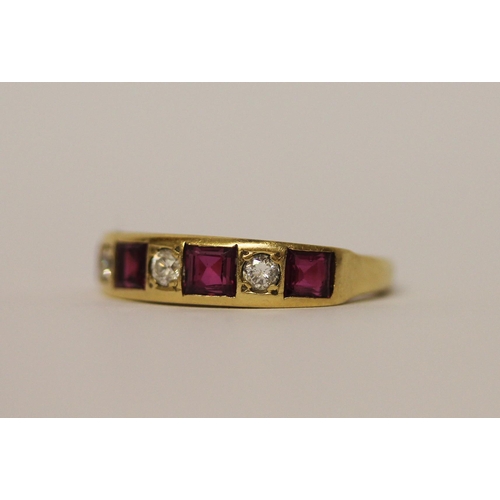 468 - 18ct gold ruby and diamond seven stone half hoop eternity ring, hallmarked, ring size N, weight 4.3g