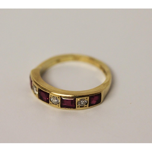 468 - 18ct gold ruby and diamond seven stone half hoop eternity ring, hallmarked, ring size N, weight 4.3g