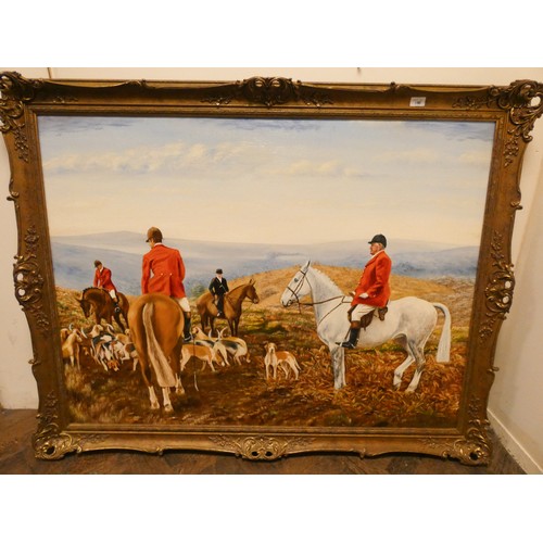 350 - A large 20th century oil on canvas painting of hunting scene, signed lower right A M Sweet, swept gi... 