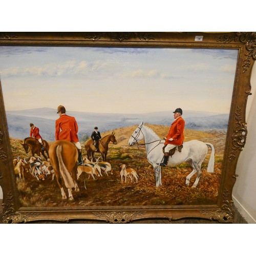 350 - A large 20th century oil on canvas painting of hunting scene, signed lower right A M Sweet, swept gi... 