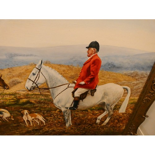 350 - A large 20th century oil on canvas painting of hunting scene, signed lower right A M Sweet, swept gi... 