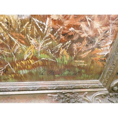 350 - A large 20th century oil on canvas painting of hunting scene, signed lower right A M Sweet, swept gi... 