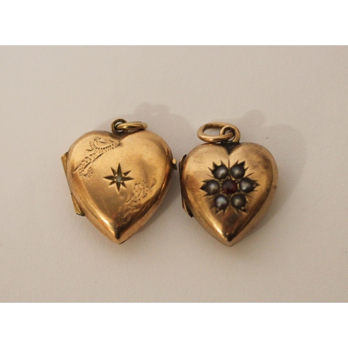 362 - Two Edwardian 9ct rose gold heart shaped lockets, set small diamond and ruby and seed pearls, both h... 