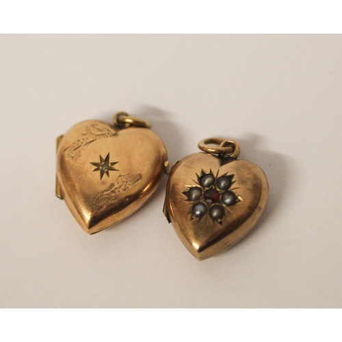 362 - Two Edwardian 9ct rose gold heart shaped lockets, set small diamond and ruby and seed pearls, both h... 