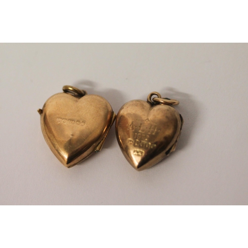 362 - Two Edwardian 9ct rose gold heart shaped lockets, set small diamond and ruby and seed pearls, both h... 