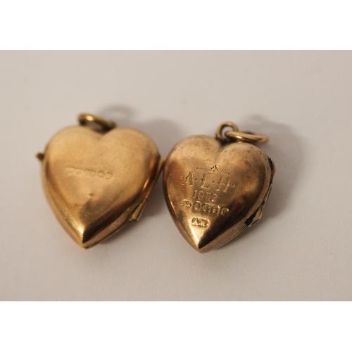 362 - Two Edwardian 9ct rose gold heart shaped lockets, set small diamond and ruby and seed pearls, both h... 