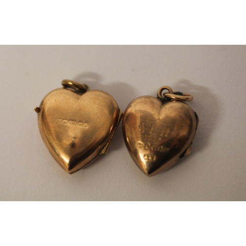 362 - Two Edwardian 9ct rose gold heart shaped lockets, set small diamond and ruby and seed pearls, both h... 