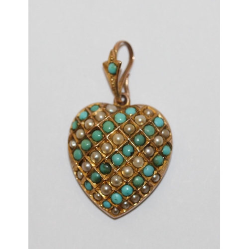 354 - A Victorian heart shaped locket set with split pearls and turquoise, glazed compartment to rear, mar... 