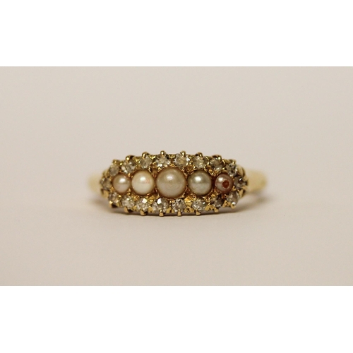 355 - Victorian diamond and five stone pearl ring, closed back setting, ring size P, 4.7gms