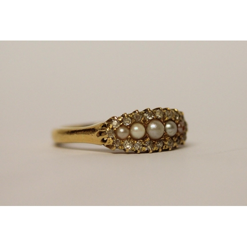 355 - Victorian diamond and five stone pearl ring, closed back setting, ring size P, 4.7gms