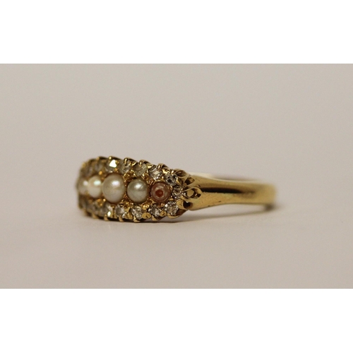 355 - Victorian diamond and five stone pearl ring, closed back setting, ring size P, 4.7gms