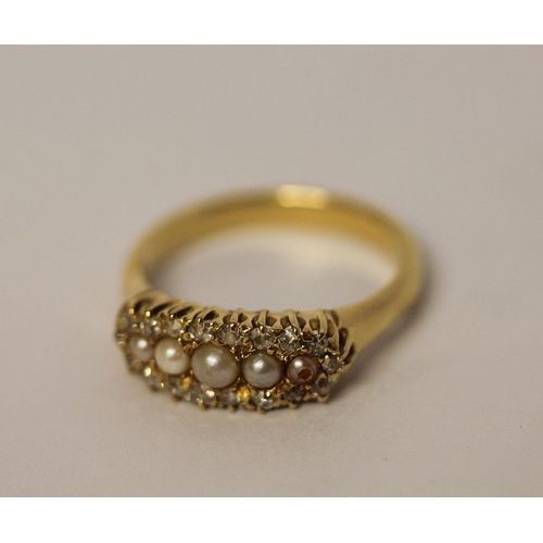 355 - Victorian diamond and five stone pearl ring, closed back setting, ring size P, 4.7gms