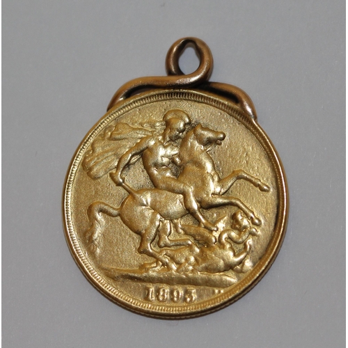 368 - Victoria 1893 gold £2 piece, double sovereign, mounted as a pendant, 16.6gms