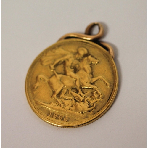 368 - Victoria 1893 gold £2 piece, double sovereign, mounted as a pendant, 16.6gms