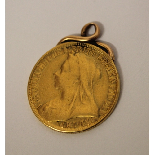 368 - Victoria 1893 gold £2 piece, double sovereign, mounted as a pendant, 16.6gms